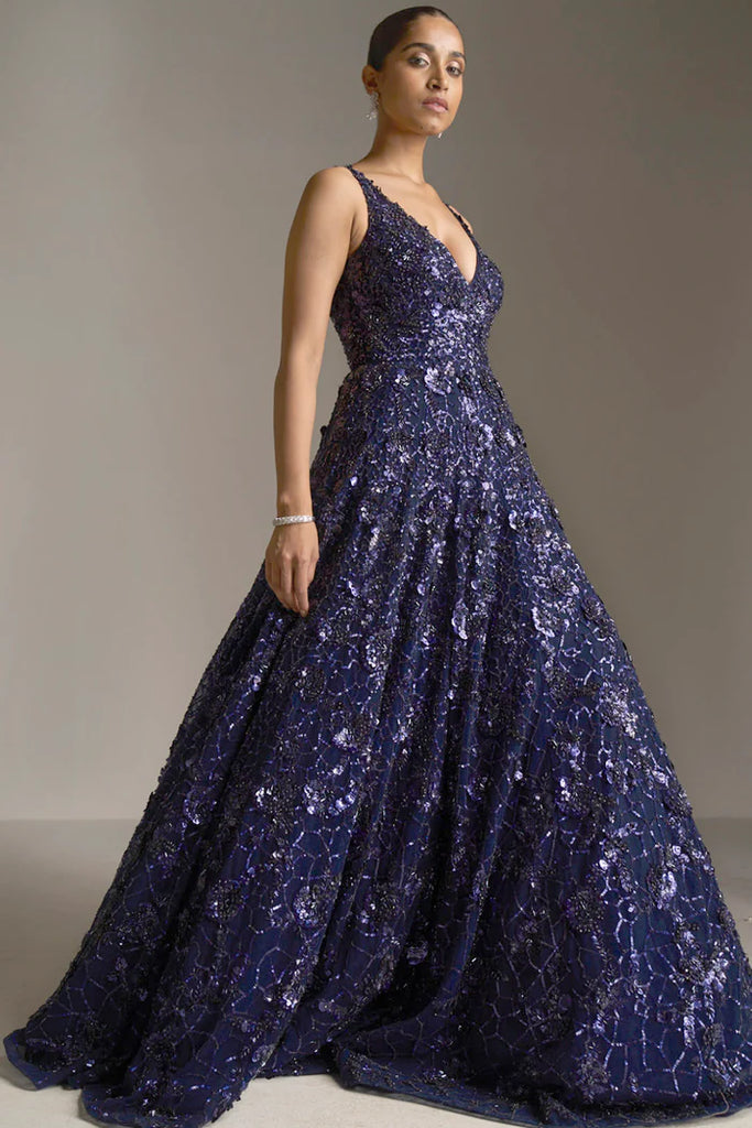 Sparkly Sequin Navy Blue And Silver Strapless Ball Gown Princess Prom –  Bohogown